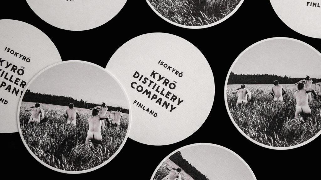 Coasters featuring the iconic photo of the founders of Kyrö Distillery Company, Finland