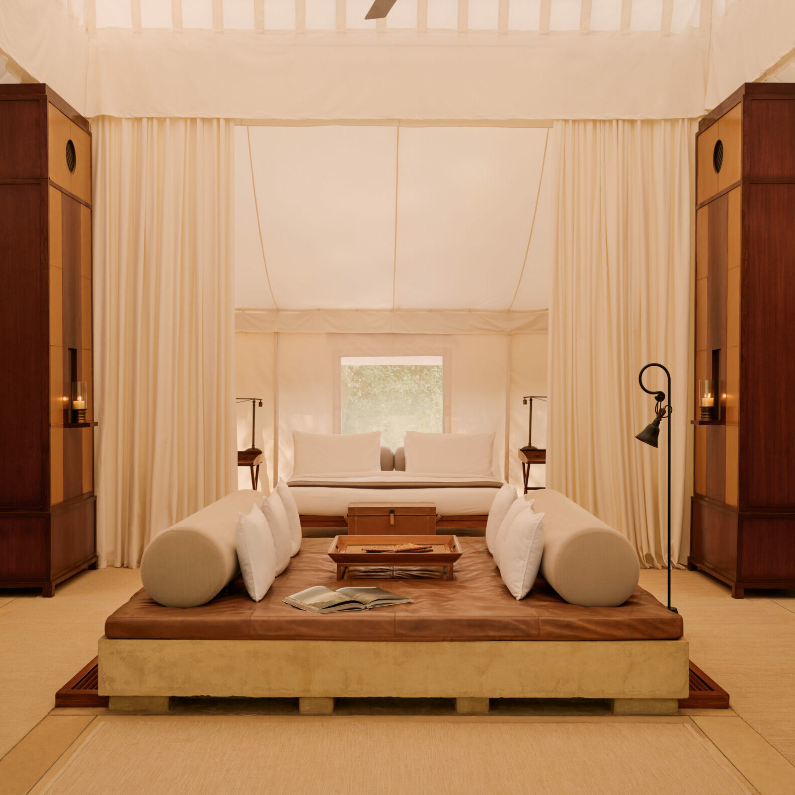 The tents are positioned in a way to ensuring that each guest feels like they have their own private wilderness retreat. Rich fabrics, polished wood furnishings, and curated Indian artefacts form the interiors.