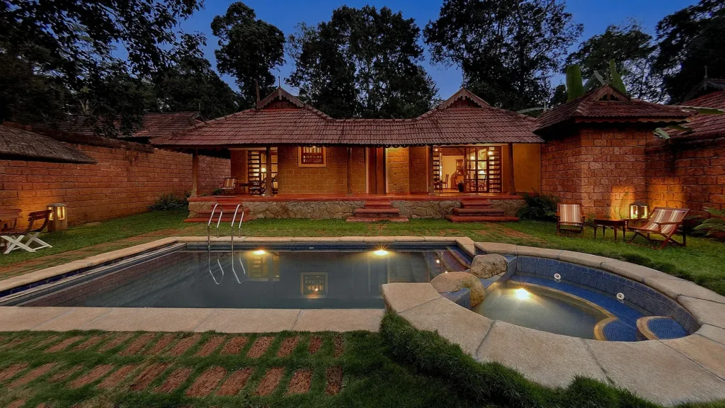 Evolve Back, Coorg villas reflect authentic Kodava architecture, and they emphasize local cuisine, plantation tours, and nature walk.