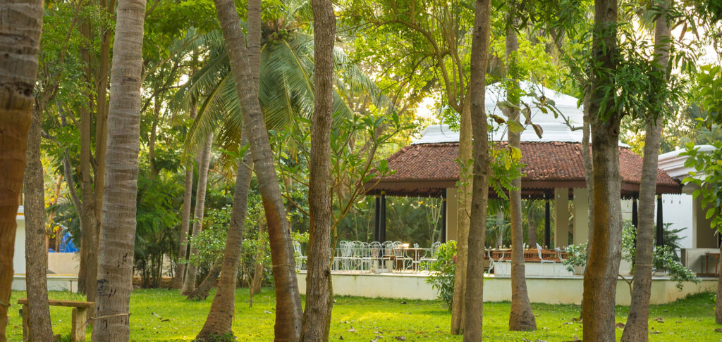 The property itself is spread across lush gardens, interwoven with ponds and walkways that lead to courtyards, verandahs, and shaded sit-outs.